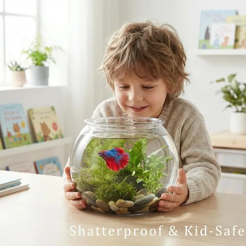Vista 9 de POPETPOP Acuario de plástico Betta Fish Tank de 1 galón transparente Goldfish Bowl irrompible redondo jarrones de pescado tazón para decoración
