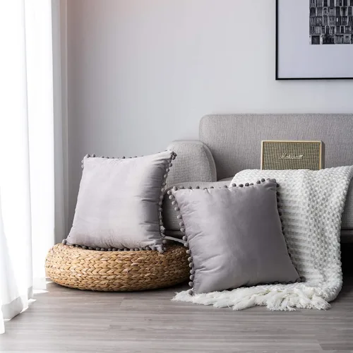 Vista 5 de Juego de 2 fundas para cojines decorativos de terciopelo sólido suave con borde de pompones