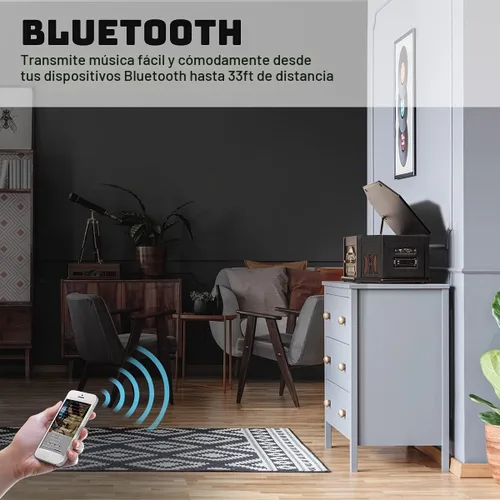 Vista 5 de ORCC Tocadiscos 10 en 1, tocadiscos nostálgicos para discos de vinilo con Bluetooth, 2 altavoces integrados, CD, cassette, radio AM/FM, USB, ranura