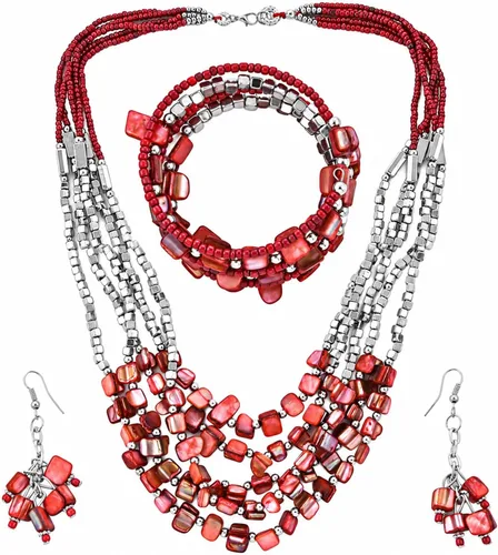 Vista 10 de Beaded Necklace, Earrings and Bracelet Jewelry Set for Women Beige