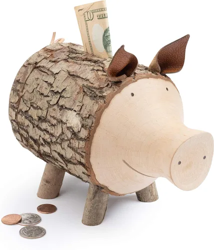 Vista 9 de Forest Decor Alcancías de madera – Adorable figura de cerdo para niñas y niños – Caja de dinero de ahorro de madera para adultos – Bonita decoración