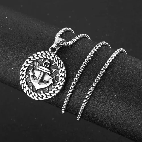 Vista 2 de HZMAN Collar de ancla náutica vikingo nórdico para hombres y niños, de acero inoxidable, brújula y timón, regalo de joyería, Acero inoxidable, No es