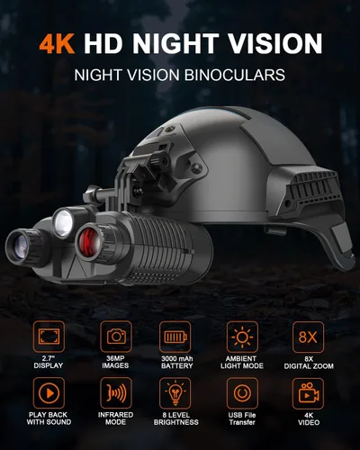 Vista 2 de Gafas de visión nocturna montadas en la cabeza, prismáticos de visión nocturna 4K para adultos con pantalla de 2.7 pulgadas, tarjeta TF de 32 GB