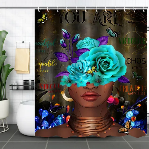 Vista 12 de Cortina de ducha de mujer africana, cortina de ducha de tela negra afroamericana, divertidas, citas inspiradoras, impermeable, decoración de baño