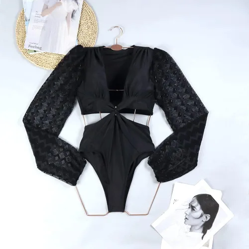 Vista 2 de ODIZLI Traje de baño de una pieza de manga larga abombada para mujer con cuello en V 2023