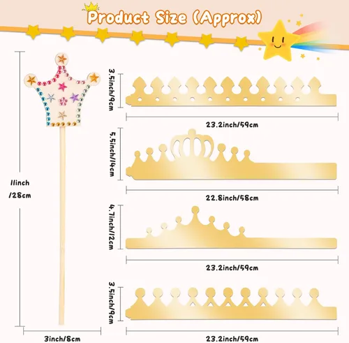 Vista 3 de El kit de varitas de hadas de princesa Pllieay incluye 18 piezas de 6 estilos de varita de princesa de madera sin terminar, coronas de papel dorado
