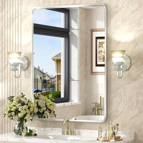 Vista 45 de Espejo rectangular con marco mate negro de 20x30 pulgadas para baño, espejo de tocador para pared de baño con esquinas redondeadas, antióxido y a