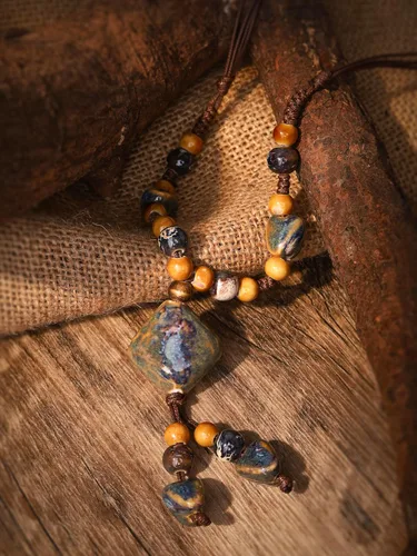 Vista 6 de MINACHI Boho Vintage Ceramic Floral Beaded Long Necklace, Personality Jewelry for Women