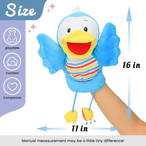 Vista 2 de Hopearl Marioneta de mano de pájaro de peluche con boca abierta y movible para juego imaginativo, juego de rol, juguete interactivo para contar