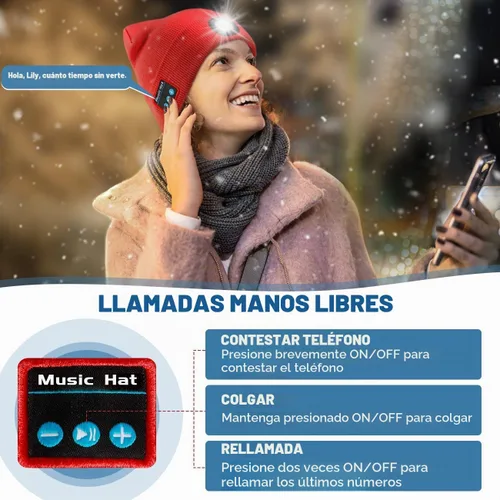 Vista 4 de Bosttor Gorro Beanie Bluetooth con Luz, Gorra con Linterna Frontal con Auriculares y Micrófono de Altavoz Integrado, Regalos para Hombres Mujeres