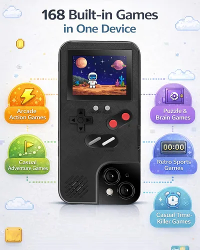 Vista 2 de Funda para teléfono de juegos, 168 videojuegos pequeños integrados, color negro, compatible con iPhone 12 Mini