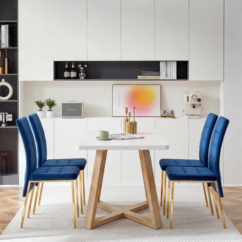 Vista 12 de Howtek Juego de mesa de comedor rectangular para 4, moderno de mediados de siglo con 4 sillas de cocina de terciopelo tapizado negro, juego de mesa