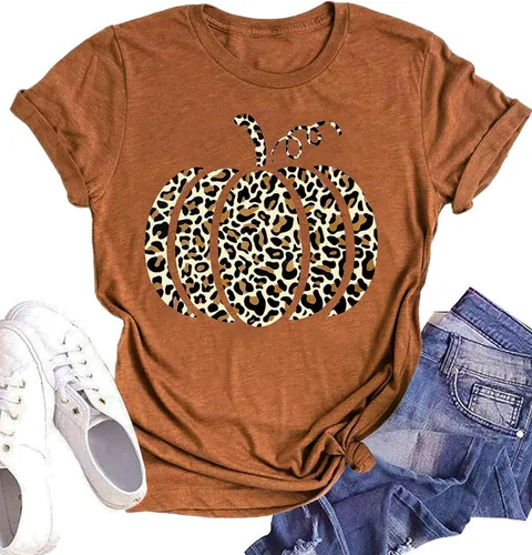 Vista 8 de Woffccrd - Camisetas divertidas con estampado de calabaza y leopardo para mujer, camisetas gráficas de manga corta de Halloween para mujer