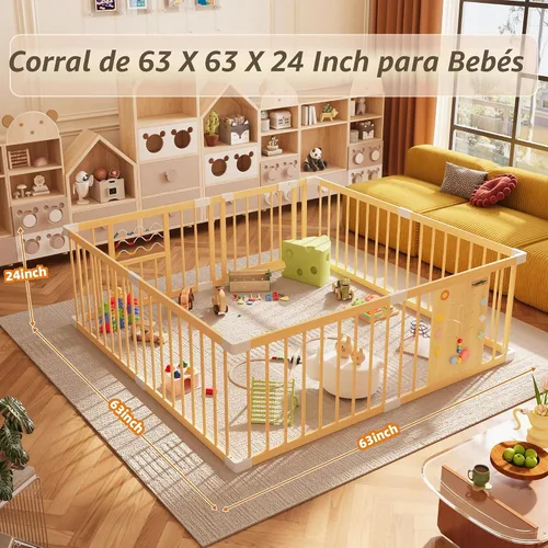 Vista 8 de Xilingol Corralito de madera para bebés con puerta de bloqueo, corralito extragrande para bebés y niños pequeños, centro de actividades