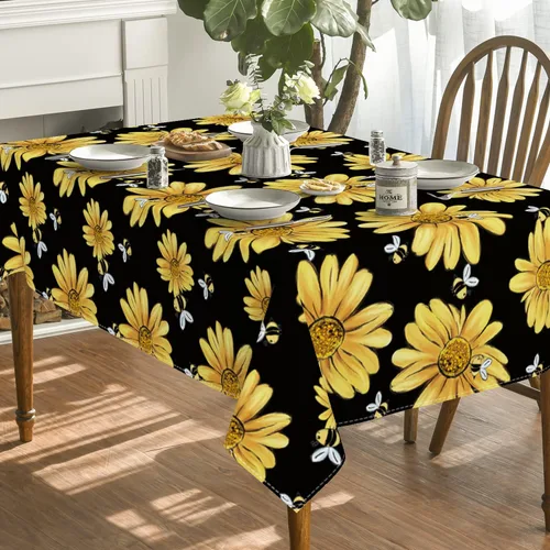 Vista 3 de Horaldaily Mantel de verano de 52 x 70 pulgadas, diseño de girasol amarillo, abejorro, negro, otoño, lavable, para fiesta, picnic, decoración de cena