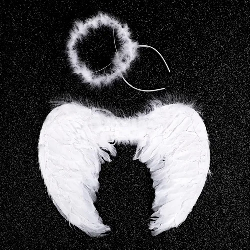 Vista 4 de Juego de 3 disfraces de ángel para niños y niñas, vestido de hada, alas de plumas de ángel y halo para fiesta de cumpleaños de Halloween, Blanco