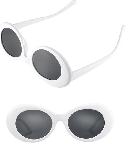 Vista 4 de Blulu Paquete de 18 gafas de sol retro Clout ovaladas con montura gruesa, lentes redondas, para mujeres y hombres, color blanco