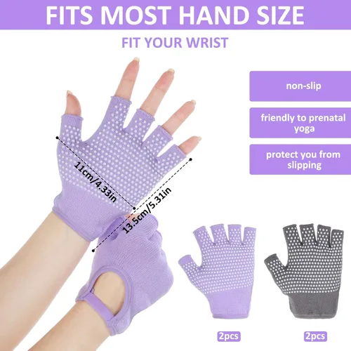 Vista 2 de Guantes de gimnasio antideslizantes sin dedos para mujer, 2 pares de guantes de pilates antideslizantes de silicona para yoga, fitness, deportes