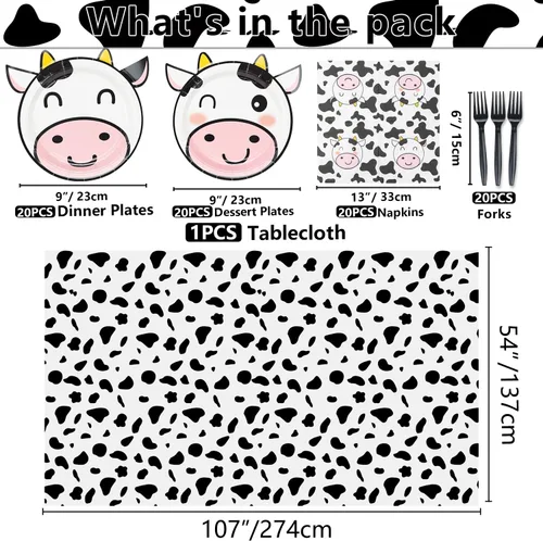 Vista 2 de Suministros de fiesta con estampado de vaca: platos con forma de vaca, servilletas con patrón, tenedores, cubierta de mesa para cumpleaños de niñas