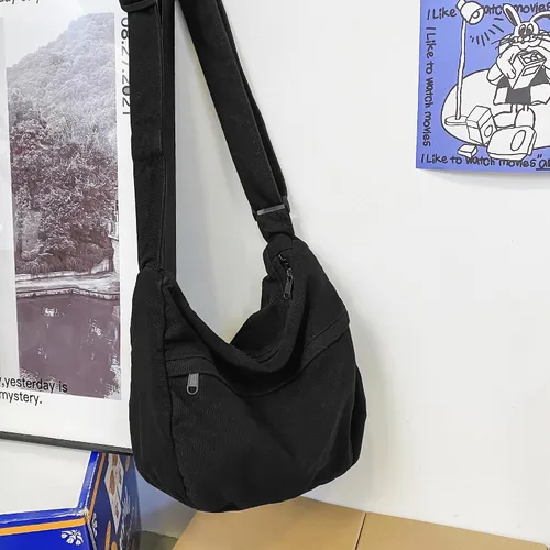 Vista 6 de Bolso bandolera de lona grande con cremallera, bolso bandolera casual para mujeres y hombres