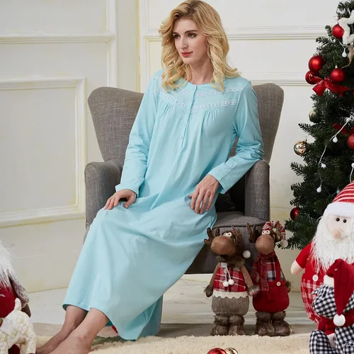 Vista 4 de Keyocean Elegantes camisones para mujer, suaves, 100% algodón, cómodos, ligeros, de manga larga, vestidos de casa para mujeres mayores