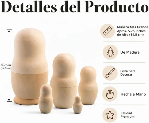 Vista 3 de Conjunto de 5.75 pulgadas de 5 muñecas rusas de madera sin pintar
