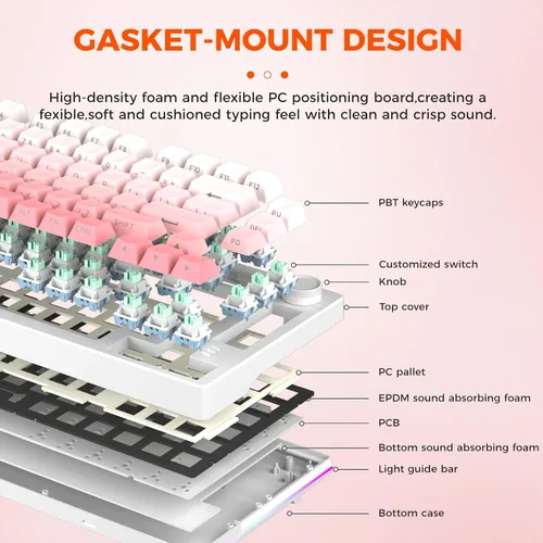 Vista 4 de DAREU EK75PRO Sakura Pink Teclado mecánico inalámbrico para juegos y mouse inalámbrico para juegos con combo de base de carga (interruptor de nube)