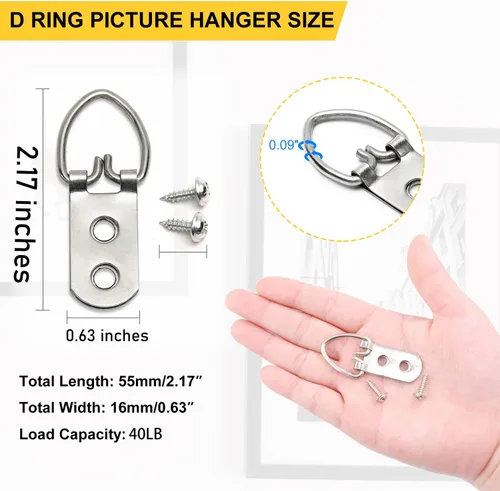 Vista 2 de 50 piezas de accesorios para colgar fotos, anillos en D resistentes, kit para colgar cuadros con tornillos, niquelado, anillos en D de metal