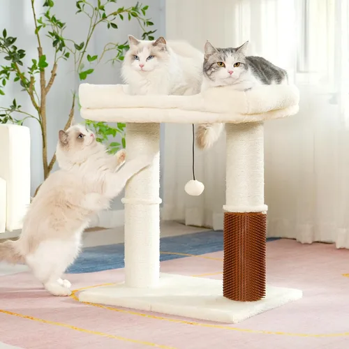 Vista 7 de Torre de árbol para gatos grandes, poste rascador para gatos con auto peluquero para gatos, cama superior de 20 x 15.7 pulgadas de ancho, poste Beige