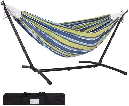 Vista 9 de Prime Garden - Hamaca con soporte para exterior, soporte de acero resistente y ahorro de espacio con capacidad de 450 lb, hamaca doble con bolsa