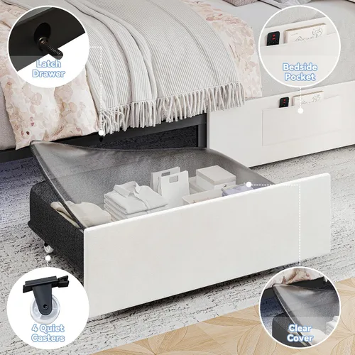 Vista 5 de Torana Marco de cama LED completo con cabecero y cajones ajustables, terciopelo crema Beige