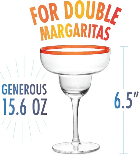 Vista 3 de Vasos de cóctel Margarita de 12 onzas + bordes coloridos para fiesta, juego de 4, resistentes, gruesos, soplados a mano, copas clásicas de bebidas