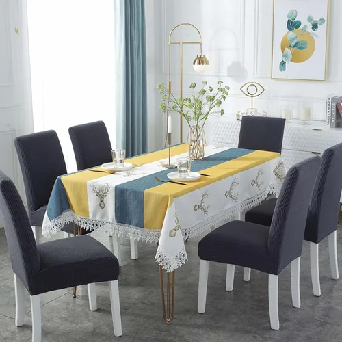Vista 17 de Mantel rectangular de algodón y lino a prueba de polvo, lavable, resistente a las arrugas, juego de funda de silla elástica para la cocina, comedor