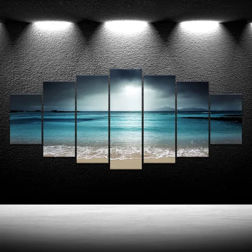 Vista 2 de iKNOW FOTO 7 lienzos modernos de varios paneles de arte de pared de paisaje marino azul océano, paisaje de playa, impreso en lienzo listo