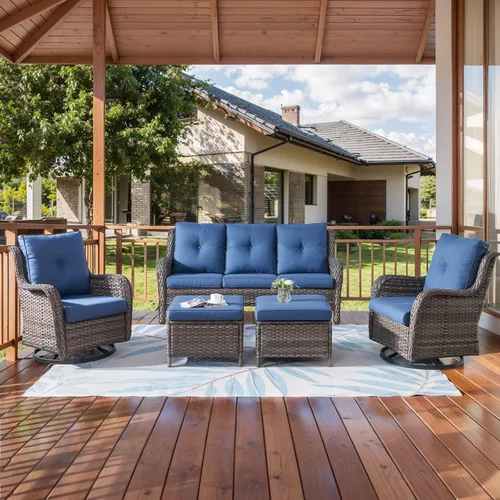 Vista 33 de HUMMUH Juego de 2 Sillas Giratorias Mecedoras de Mimbre para Patio Exterior, Juego de Muebles de Sillas Mecedoras de Ratán (Marrón, Azul) 50,000
