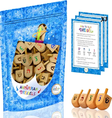 Vista 5 de Paquete de 10 Dreidels Hanukkah Draydel de madera natural con tarjetas de transliteración e instrucciones en inglés