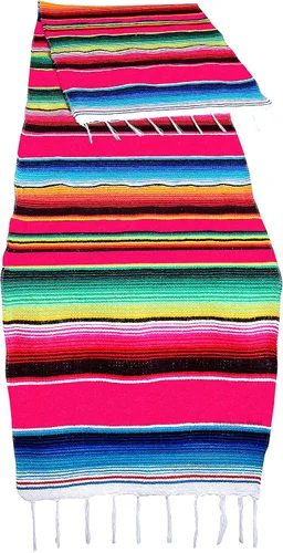 Vista 11 de Camino de mesa colorido a rayas fabricado en México 83x14 pulgadas.