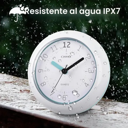 Vista 6 de OSTAR Reloj de ducha de baño impermeable, reloj analógico de cuarzo, soporte colgante de doble propósito, funciona con pilas AA, tamaño redondo