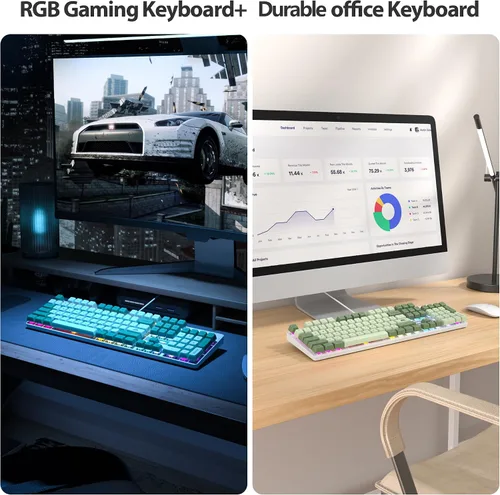 Vista 7 de Fogruaden Teclado mecánico, matcha verde, teclado USB con cable de 104 teclas RGB retroiluminado para juegos con teclado numérico, interruptores