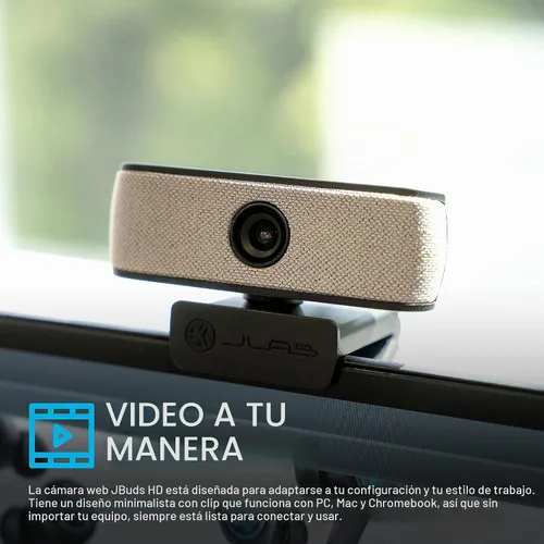 Vista 7 de JLab, JBuds Cam, cámara web USB, enfoque automático de 1080p, micrófono dual, negro con placa frontal blanca