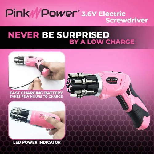 Vista 3 de Pink Power, taladro eléctrico de 4,8 Volt, recargable, juego de desarmadores con nivel de burbuja.