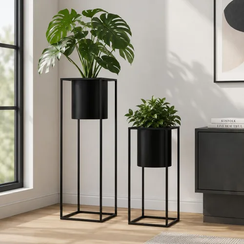 Vista 2 de TRIROCKS Juego de 2 macetas grandes de metal con soporte para plantas de interior de 28 y 18 pulgadas de alto para sala de estar, esquina, cocina