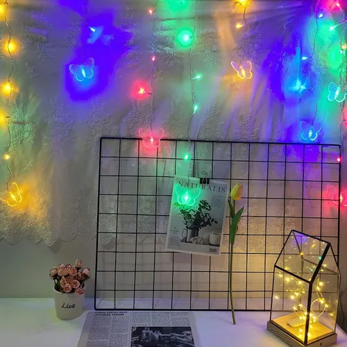 Vista 6 de Guirnalda de luces de cadena de hadas con cortina de mariposa, 120 LED, 8 modos, temporizador alimentado por USB, luz parpadeante de luciérnaga