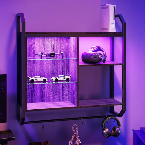 Vista 9 de Bestier Estantes flotantes LED de 25" para juegos en pared, estante montado en la pared con tubo ajustable de vidrio, estante de exhibición colgante