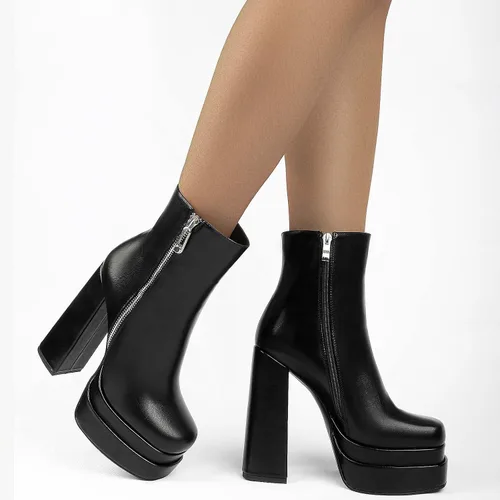 Vista 4 de SIFINELAR Botas de tobillo con plataforma para mujer tacón alto tacón grueso punta cuadrada botas cortas con cremallera lateral