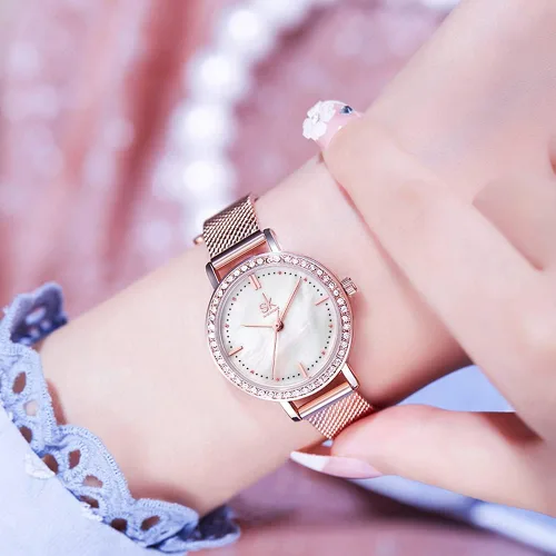 Vista 7 de Reloj de pulsera de malla para mujer, diseño elegante, esfera de acero inoxidable, resistente al agua