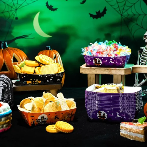 Vista 7 de Bandejas de papel de Halloween para alimentos, bandejas desechables para nachos, botes de papel, bandejas de servir para perros calientes, palomitas