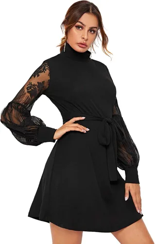 Vista 3 de Romwe Vestido corto de malla con cuello alto falso para mujer estilo túnica y elegante