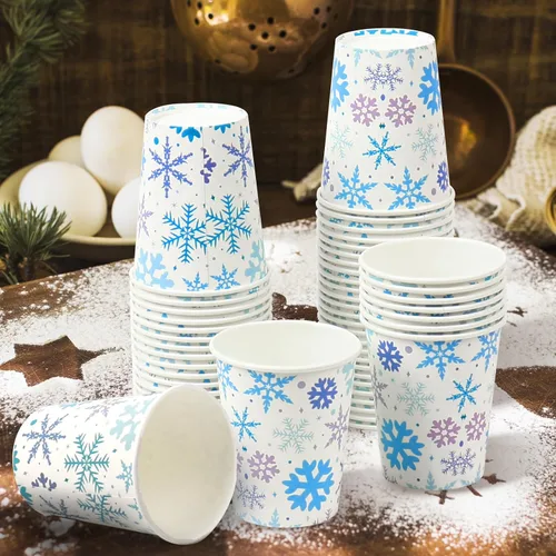 Vista 7 de 100 vasos de papel de copo de nieve de Navidad de 9 onzas, vasos de papel de Navidad, tazas de café desechables de Navidad, tazas de Navidad, vasos
