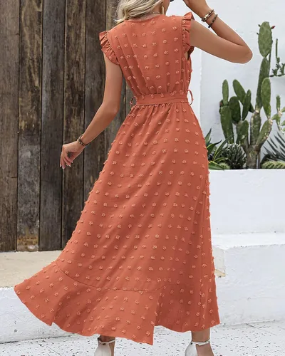 Vista 4 de BTFBM Vestido de verano cruzado con cuello en V para mujer, manga con volantes, lunares suizos, bohemio, con volantes, abertura en la playa, fiesta